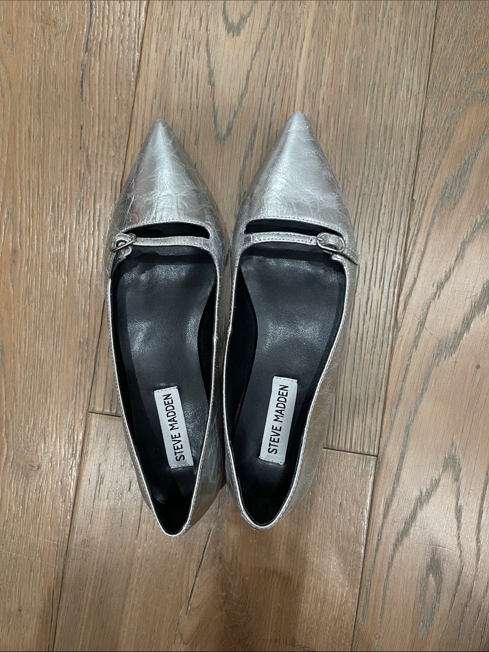 Steve Madden Metallic Silver Pointed Toe Flats with Strap